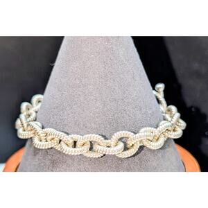 925 Sterling Silver Ribbed Chain Link Toggle Clasp Bracelet 38.31g